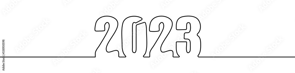 Continuous line drawing of 2023 year. One line drawing holiday background. Vector illustration. Abstract New Year background
