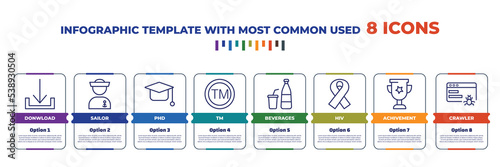 infographic template with outline icons. thin line icons such as donwload, sailor, phd, tm, beverages, hiv, achivement, crawler editable vector. can be used for web, mobile, info graph.