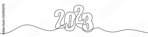 Continuous line drawing of 2023 year. One line drawing holiday background. Vector illustration. Abstract New Year background
