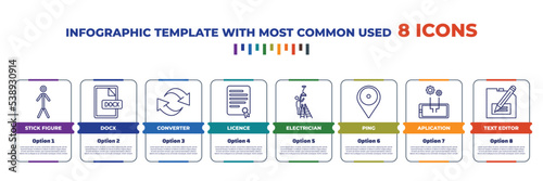 infographic template with outline icons. thin line icons such as stick figure, docx, converter, licence, electrician, ping, aplication, text editor editable vector. can be used for web, mobile, info