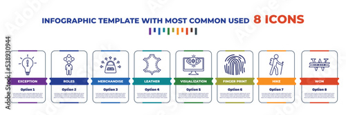 infographic template with outline icons. thin line icons such as exception, roles, merchandise, leather, visualization, finger print, hike, won editable vector. can be used for web, mobile, info
