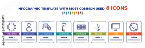 infographic template with outline icons. thin line icons such as circle green, civil engineer, car insurance, conditioner, british flag, drilling, my pc, phone free editable vector. can be used for