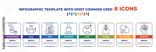 infographic template with outline icons. thin line icons such as hypertension, halo, raw, sculpture, mad, banker, table tennis, addiction editable vector. can be used for web, mobile, info graph.