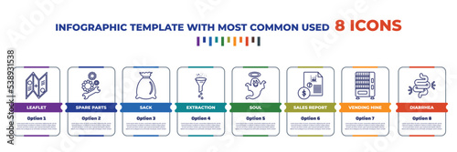 infographic template with outline icons. thin line icons such as leaflet, spare parts, sack, extraction, soul, sales report, vending hine, diarrhea editable vector. can be used for web, mobile, info