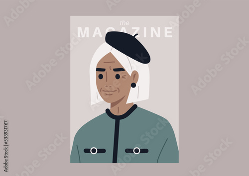 The magazine cover, a headshot of an elegant senior lady wearing a beret hat, lifestyle media