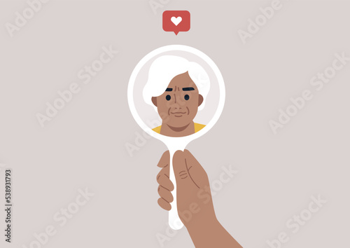 High self esteem, a character looking at themselves in a hand mirror, a like icon popping up above