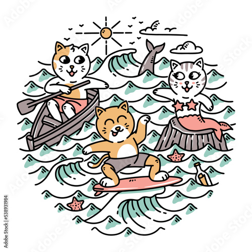 A group of cats doing activities in the sea illustration © gunaonedesign