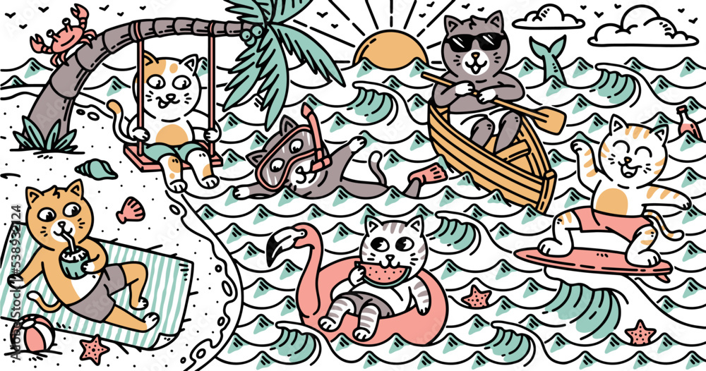 A group of cute cats on the beach illustration