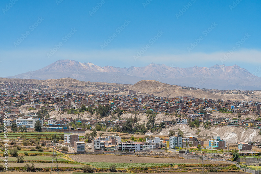 panoramic view of arequipa city with misti volcano at background, peru