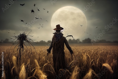Fotografie, Obraz This is a 3D illustration of a scarecrow coming to life on halloween