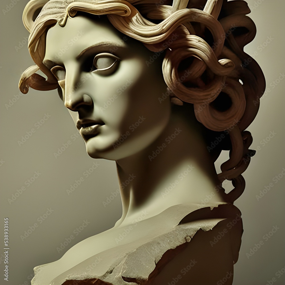 3D illustration of a white marble bust of Medusa, otherwise known as ...