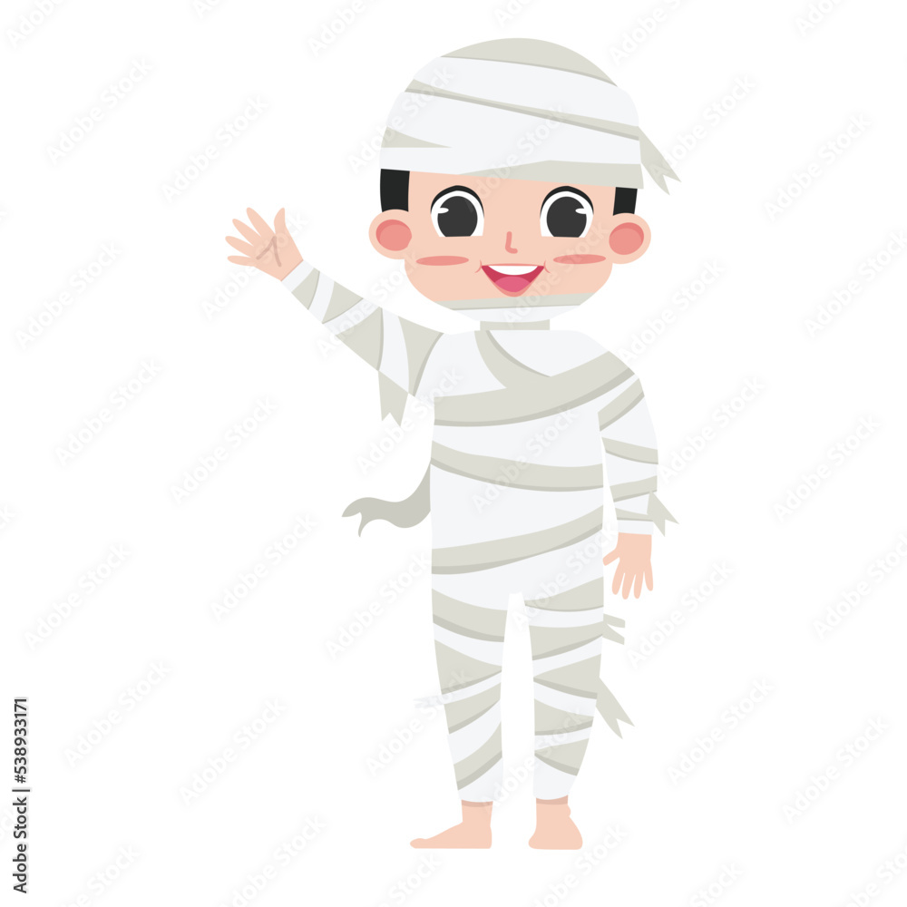 Cute kid Halloween character in a mummy costume cartoon Cute kid Halloween character in a mummy costume cartoon