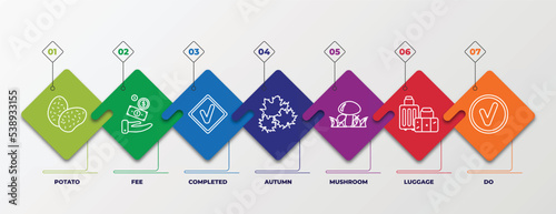 infographic template with outline icons. thin line icons such as potato, fee, completed, autumn, mushroom, luggage, do editable vector. can be used for web, mobile, info graph.
