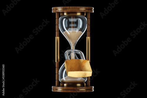 lock hangs on the Classic Hourglass. Prison concept, life sentence, time stolen. 3D illustration, 3D rendering.