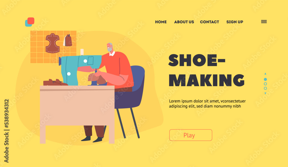 Shoe Making Landing Page Template. Shoemaker Create Shoe on Sewing Machine. Artisan Professional Occupation, Craftsman