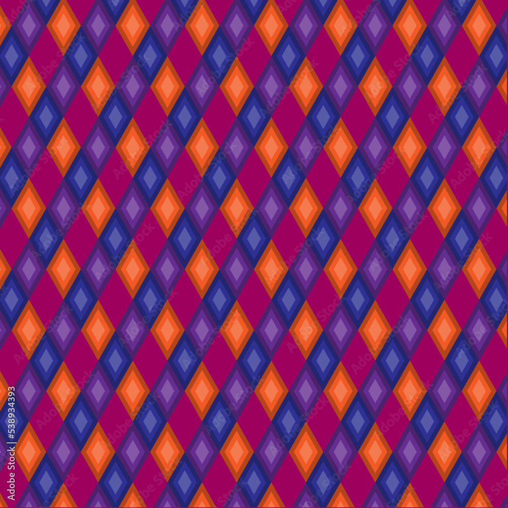 The fabric pattern is made up of multiple multicolored diamonds placed diagonally on a pink background, designed for fabrics, textiles, curtains, garments, tablecloths. The fabric pattern is made up of multiple multicolored diamonds placed diagonally on a pink background, designed for fabrics, textiles, curtains, garments, tablecloths.