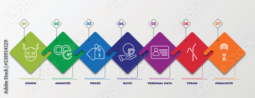 infographic template with outline icons. thin line icons such as demon, animated, prices, ratio, personal data, straw, parachute editable vector. can be used for web, mobile, info graph.