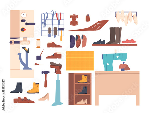 Set of Shoemaker Professional Tools, Instruments and Equipment. Sewing Machine, Scissors, Awl, Glue, Knife and Hammer