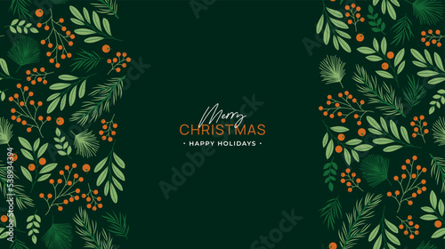 Winter elements horizontal design template. Branches and berries in a forest. Christmas wrapping paper.