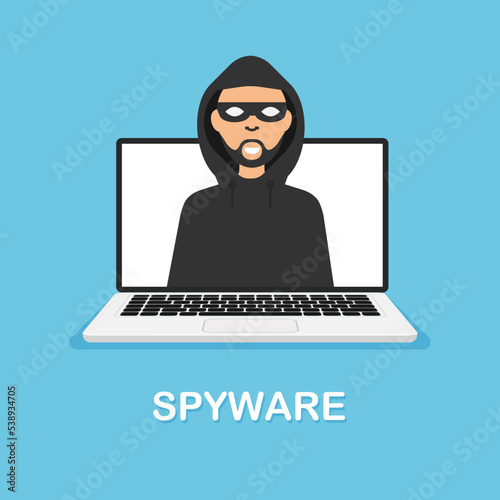 Hacker activity and cyber crime concept. Spyware and internet technology. Thief in black mask steals information from laptop. Vector illustration.