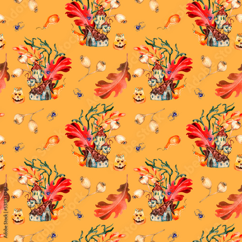 Colorful Halloween seamless pattern of cute house watercolor isolated on orange.