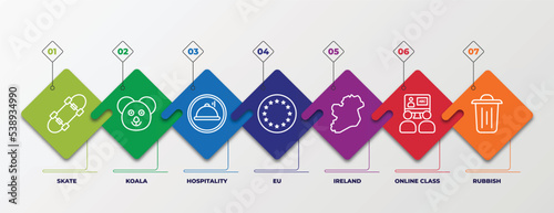 infographic template with outline icons. thin line icons such as skate, koala, hospitality, eu, ireland, online class, rubbish editable vector. can be used for web, mobile, info graph.