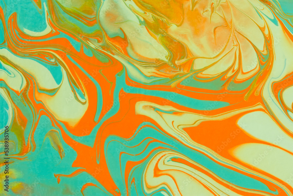 Fototapeta premium Turquoise orange beige acrylic fluid art. Abstract creative spring background. Artistic floral background. Dynamic lines, movement, contrast splash. Design of holiday cards. Fashionable marble texture