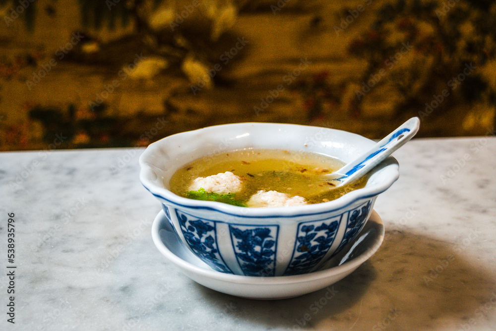 An appetiser of Crab and Chicken Meatballs in chicken consomme An appetiser of Crab and Chicken Meatballs in chicken consomme