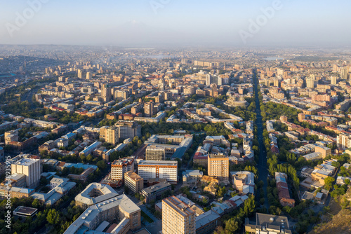 Aerial view of central part of Yerevan and Mesrop Mashtots Avenue on sunny day. Armenia.