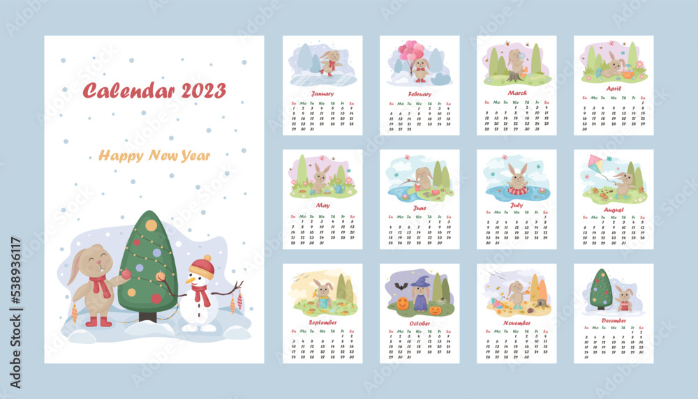 Calendar year 2023. Calendar with the image of a cute rabbit. Calendar for the year. Vector illustration Calendar year 2023. Calendar with the image of a cute rabbit. Calendar for the year. Vector illustration