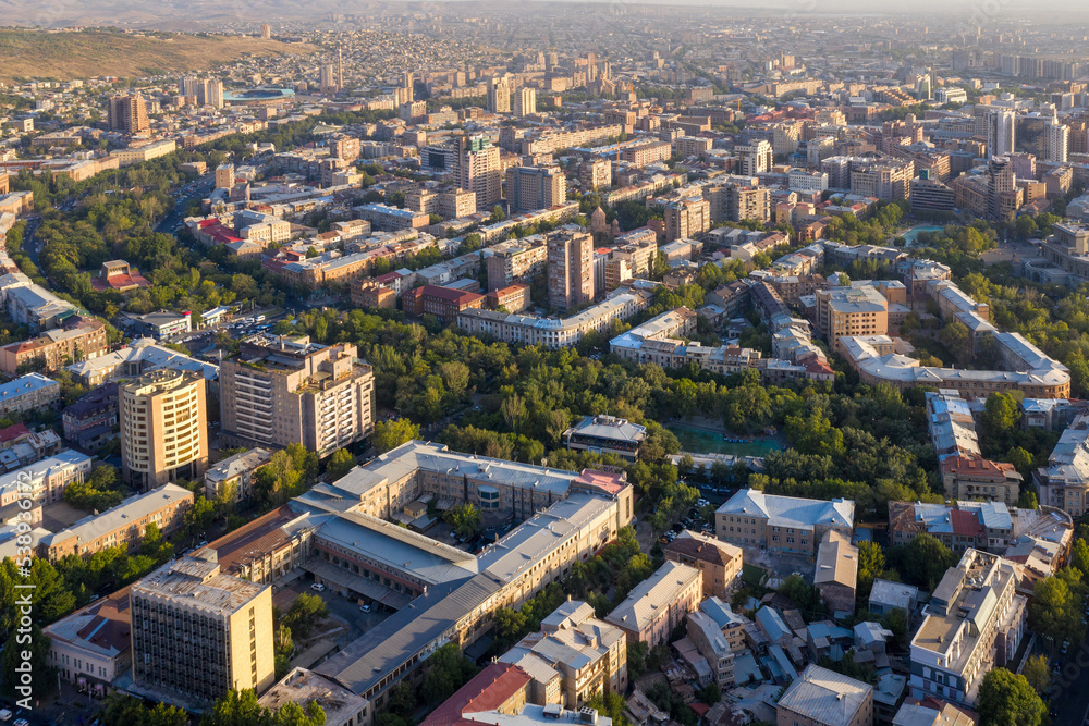 Aerial view of centre of Yerevan on sunny summer day, Armenia.