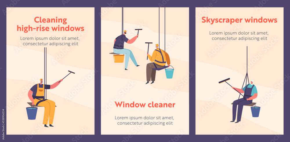 Window Washers Cartoon Banners. Male Characters in Uniform with Equipment Cleaning Building Glass. Professional Cleaners