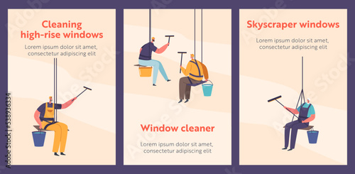 Window Washers Cartoon Banners. Male Characters in Uniform with Equipment Cleaning Building Glass. Professional Cleaners