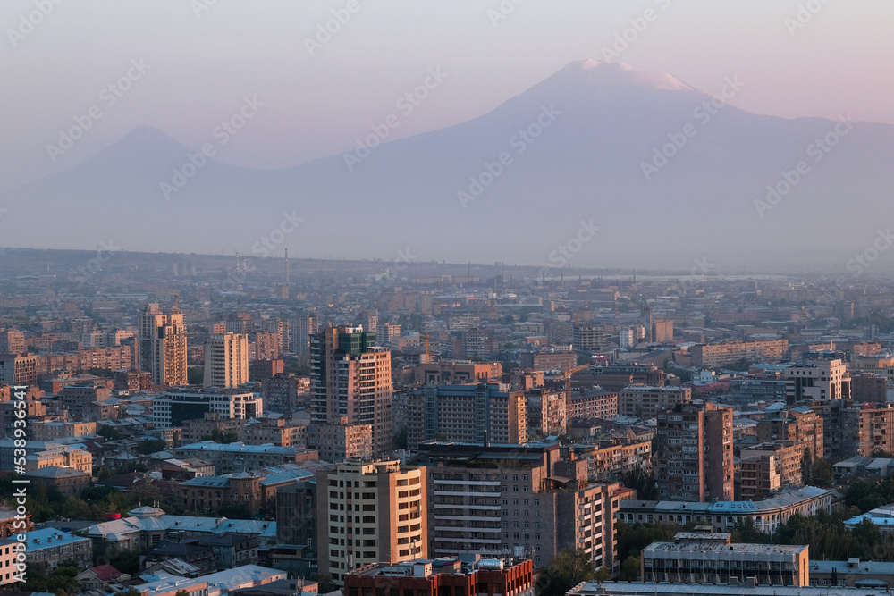 View of Yerevan on the background of Ararat Mount at sunset, Armenia.