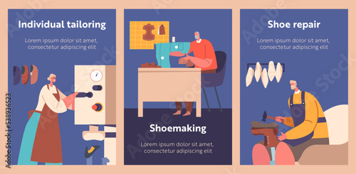 Shoemakers Create Handmade Footgear Cartoon Banners. Cobbler Professional Occupation. Craftsman Artisan Characters