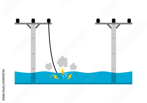 Electric wire of high voltage power electric pole broken damaged and short circuit spark electricity current to water flood cause danger electrocution risk flat icon vector design.