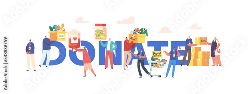 Donate, Volunteering, Charity, Philanthropy Concept. Volunteers Characters Distribute And Donating Humanitarian Aid