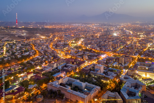 Aerial view of centre of Yerevan and TV tower in the night, Armenia.