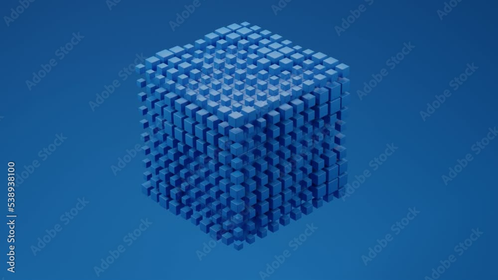 blue cube with small cubes coming out randomly in a parametric way, gradient background with blue. 3d animation