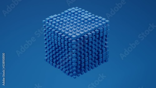 blue cube with small cubes coming out randomly in a parametric way, gradient background with blue. 3d animation