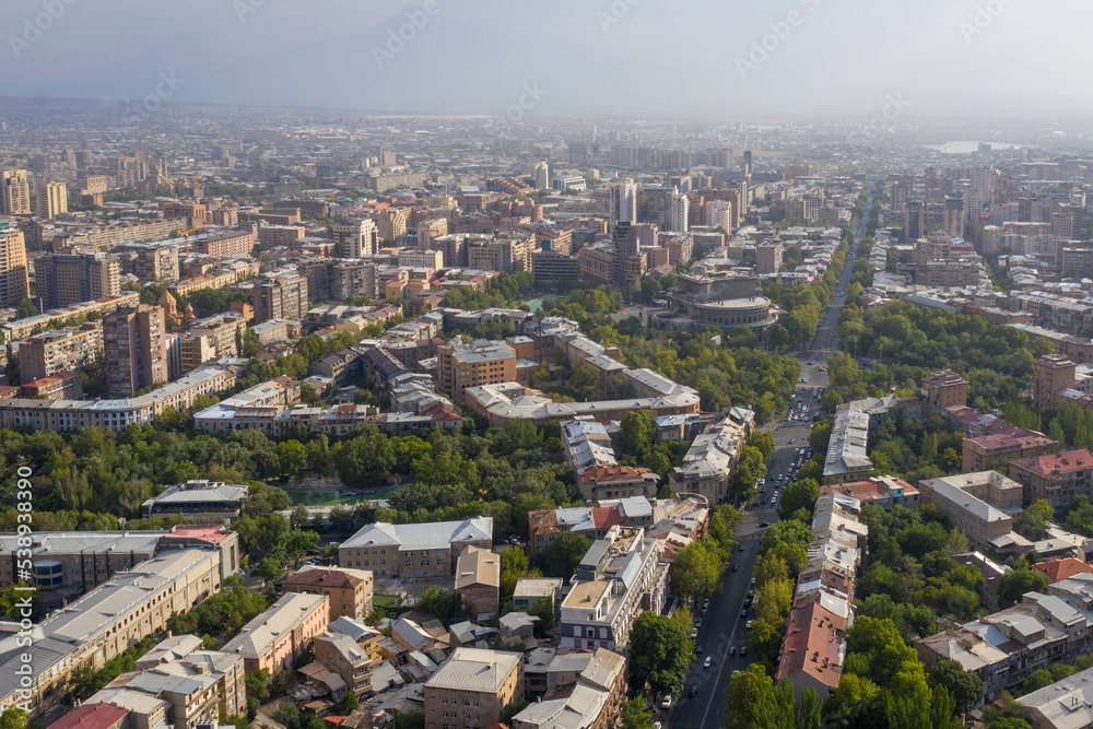 Aerial view of central part of Yerevan (Kentron District) and Mesrop Mashtots Avenue on sunny summer day, Armenia.