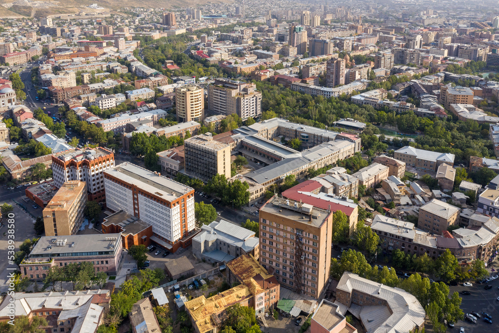 Aerial view of central part of Yerevan (Kentron District) on sunny day, Armenia.