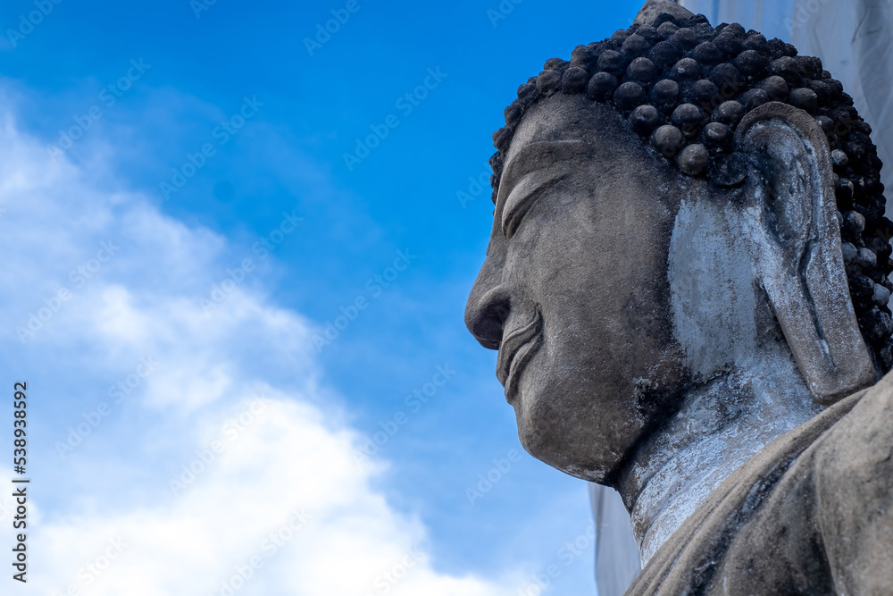 Fototapeta premium detail of the face of a representation of the buddha with his eyes closed, on blue nature sky background, the from under view
