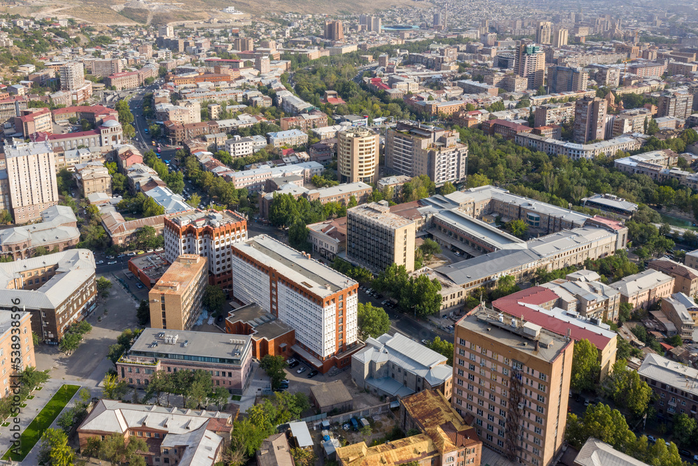 Aerial view of central part of the city (Kentron District) on sunny summer day.  Yerevan, Armenia.