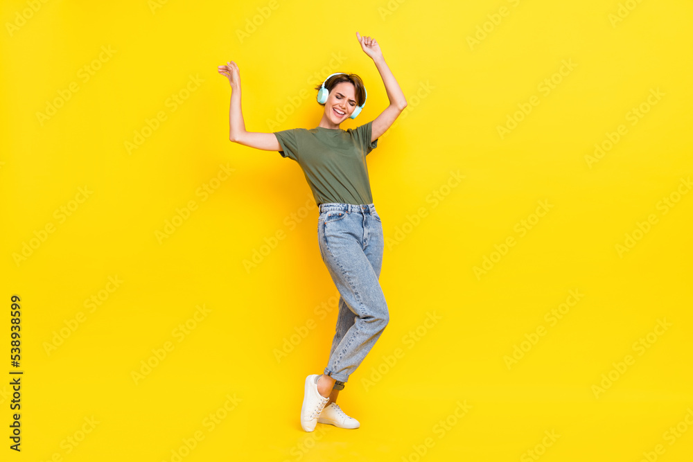 Full length photo of adorable glad lady rejoice holiday weekend shopping sale eyes closed empty space isolated on yellow color background