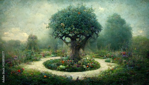  Garden of eden with the tree of life, tree of knoledge, beautiful illustration