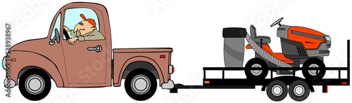 Truck pulling a riding mower on a flatbed trailer