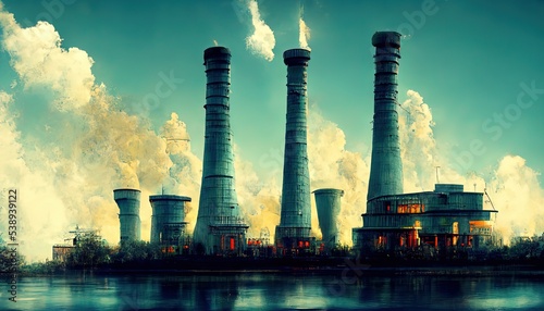 Power plant, fuel energy illustration, with clouds and heavy smoke, ecosystem metaphor, ecology, susteinable energy photo
