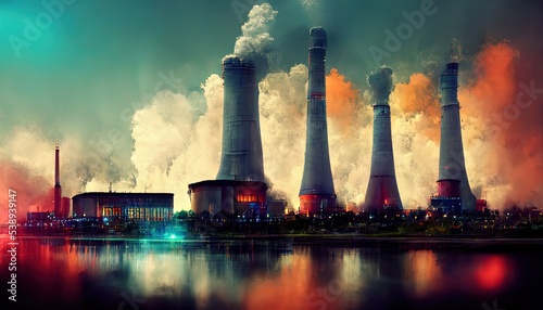 Power plant, fuel energy illustration, with clouds and heavy smoke, ecosystem metaphor, ecology, susteinable energy photo