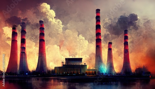 Power plant, fuel energy illustration, with clouds and heavy smoke, ecosystem metaphor, ecology, susteinable energy photo